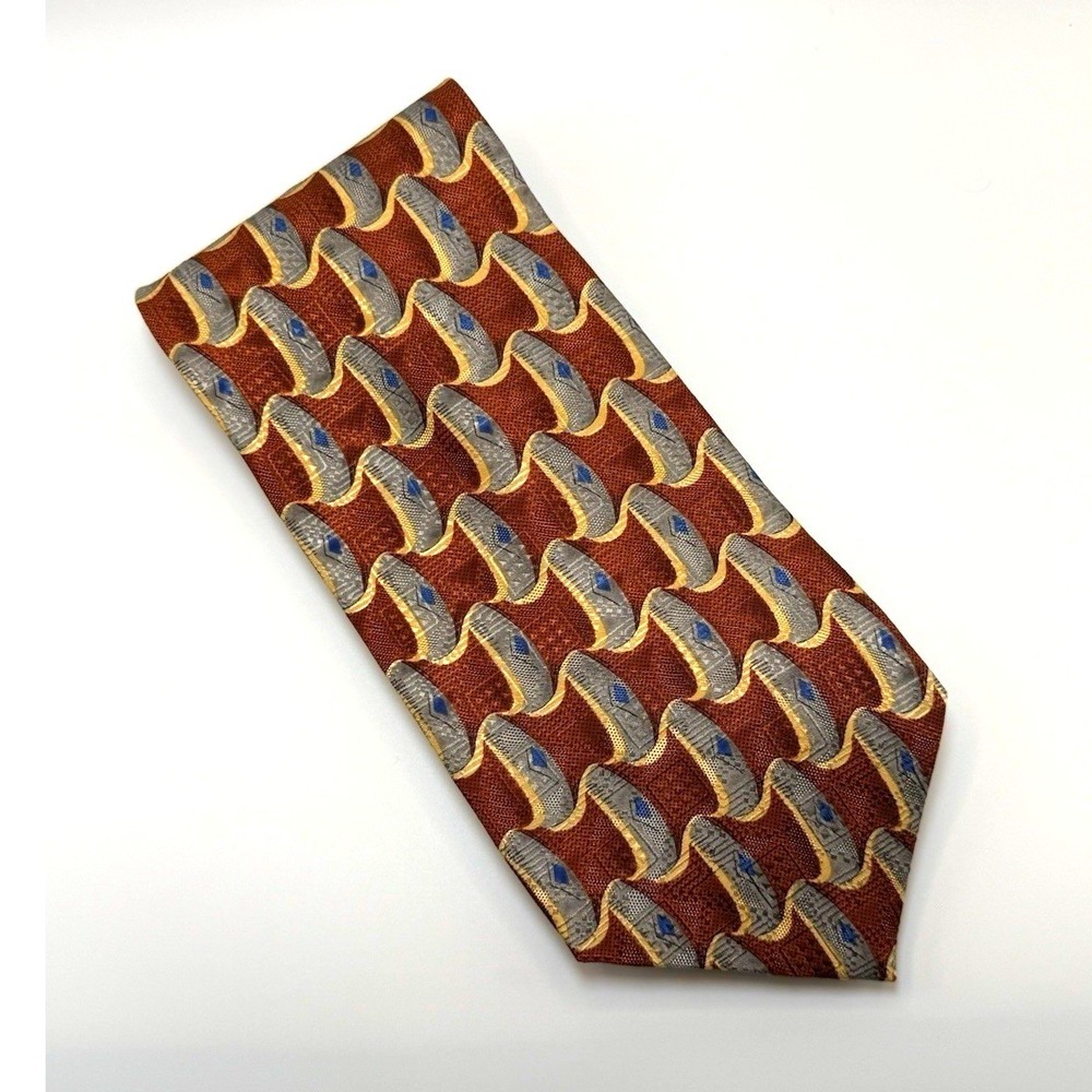 Jos. A. Bank Silk Tie OS Brown Gray Blue Gold Geometric Logo Handmade Pointed